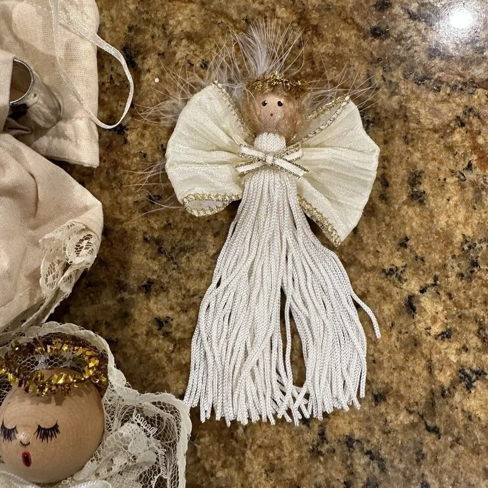 Vintage Angel Christmas Ornaments Lace Crochet‎ Wooden Gold Set Of 4